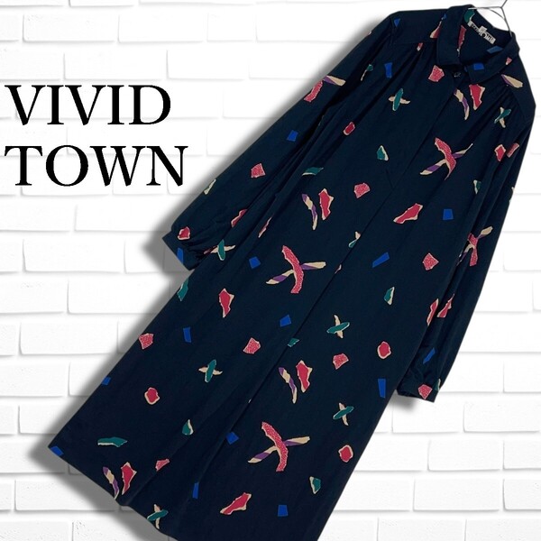 美品 VIVID TOWN HANAE MORI ヴィヴィドタウン ハナエモリ レトロ ヴィンテージ 総柄 長袖 ロング ワンピース 黒 レディース 11 L 4925E□