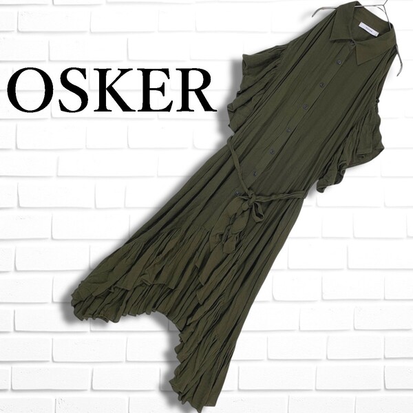 ◆良品◆ OSKER オスカー レーヨン ゆったり♪ 変形 オープンショルダー ロング マキシ ワンピース カーキ レディース 送料無料 5135E◎