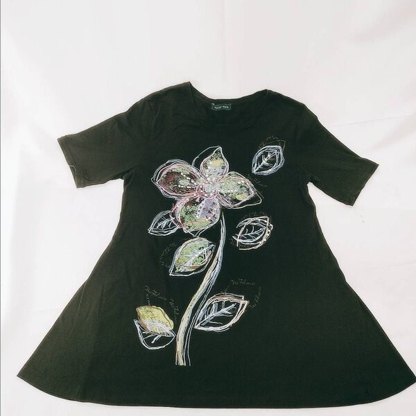 A-23【良品】Rough Rare 半袖シャツ Tシャツ ブラック 花柄 カットソー ヴィンテージ 古着 トップス