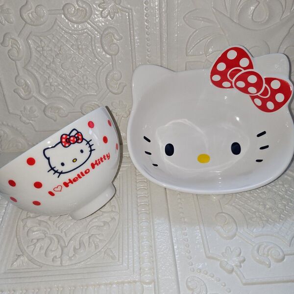 希少 未使用品 HELLOKITTY 陶器 お茶碗 お皿セットハローキティ ダイカット 食器セット SANRIO ドットリボン