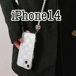 iPhone14ケース パールショルダーストラップ付き クリア 透明