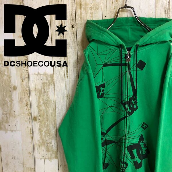 DC SHOES ディーシーシューズ エクストリームスポーツ ストリート系 ビッグプリント メンズ フルジップ パーカー フーディ グリーン L 古着