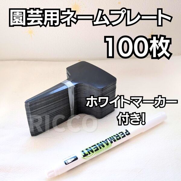 園芸ラベル ネームプレート【100枚】【T字型】【ブラック】【ホワイトマーカー付き】名札 園芸用品 ガーデニング 黒 まとめ売り
