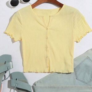 春夏にぴったり!SHEIN イエロー リブカットソー 半袖 ショート丈