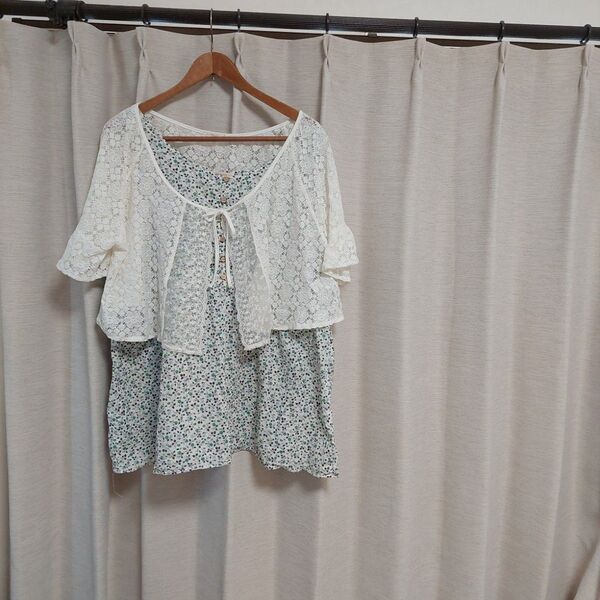 花柄タンクトップ レースボレロ 蝶々結びが可愛い 2着セット 3Lサイズ