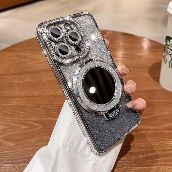 iPhone15 スマホケース グレーケース おしゃれ キラキラ ミラー 鏡付き