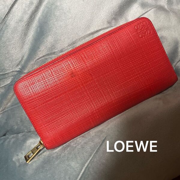 LOEWE ロエベ 長財布 ラウンドジップ レッド アナグラム ラウンドファスナー レザー ロングウォレット
