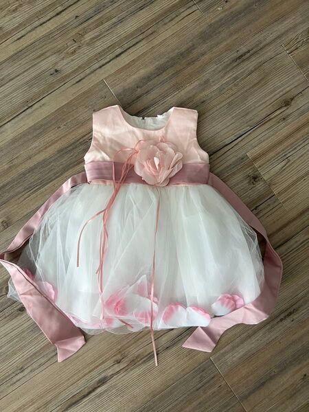 フラワー装飾付きベビードレス ピンク Mサイズ 70〜80センチ 女の子 ドレス 発表会 フォーマル 結婚式 子供ドレス
