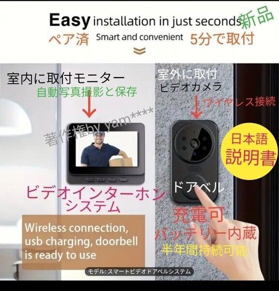 工事不要!WiFiも不要!日本語化済高齢者でも5分取付モニター付きインターホンドアベル★バッテリー内蔵コードレス★防犯