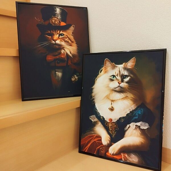 【額縁付き】猫 インテリア ポスター 貴族 紳士 キャンバス プリント30×40 アート イラスト キャットアート