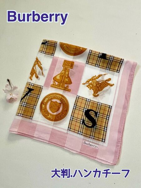Burberry 大判ハンカチーフ ライトピンク、チェック、ロゴ柄
