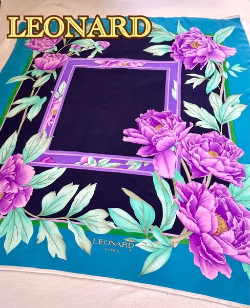 LEONARD シルク100% 大判さスカーフ ブルー系 芍薬フラワー模様