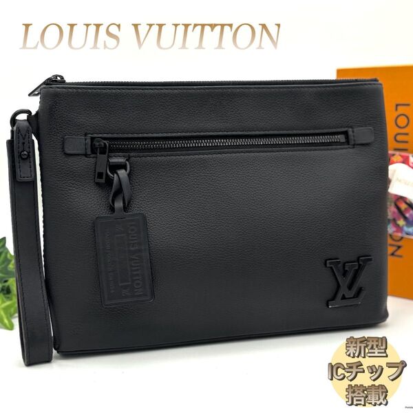 ルイヴィトン アエログラム テイクオフポーチ クラッチバッグ セカンドバッグ レザー 黒 LOUIS VUITTON ブラック