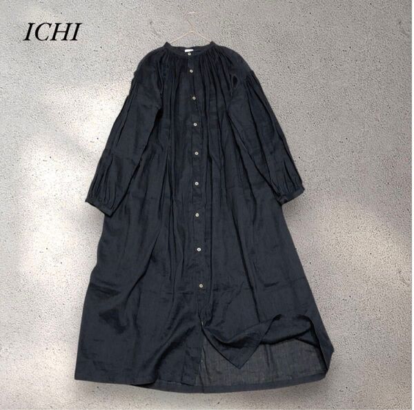 【美品】ichi コットン リネン ギャザータックふんわりワンピース ロング