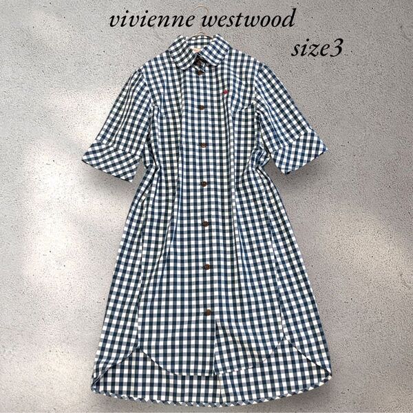 【希少】vivienne westwood ギンガムチェック 丸襟ワンピース L ネイビーブルー シャツワンピ