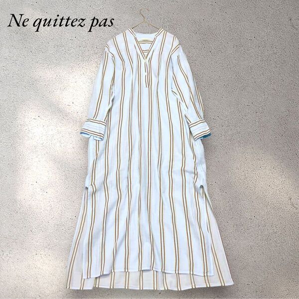 【美品】ヌキテパ コットンボイル ストライプ ワンピース キーネック 比嘉愛未さん着用 シャツ