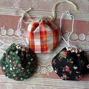 3個セット ミニ巾着袋 ハンドメイド ギンガムチェック 花柄 イチゴ柄