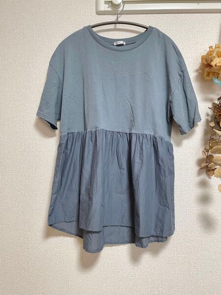 Tシャツ 半袖 ゆったり ブルー くすみブルー 切り替え レディースM