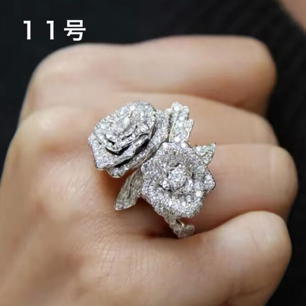 高級 CZ ダイヤモンド バラ モチーフ パヴェ リング シルバー ジュエリー 高見え ブランド フラワー 花 指輪 大ぶり