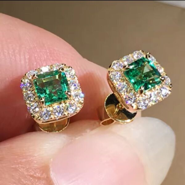 高級 CZ ダイヤモンド エメラルド スクエア ミニピアス シンプル ゴールド 四角 グリーン ジュエリー ブランド 小ぶり 上品