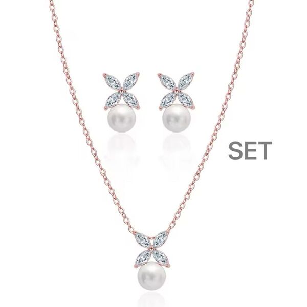 高級 CZ ダイヤモンド クローバー パール ネックレス ピアス セット ピンクゴールド ピアス クリスタル 高見え ジュエリー