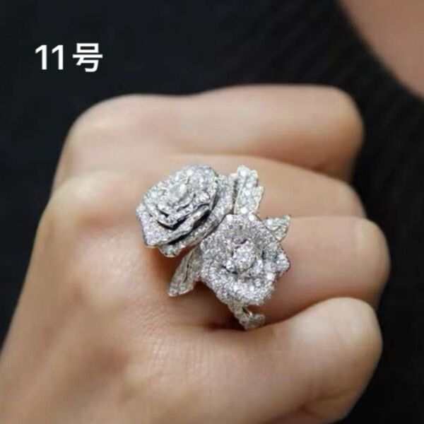 高級 CZ ダイヤモンド バラ モチーフ パヴェ リング シルバー ジュエリー 高見え ブランド フラワー 花 指輪 大ぶり