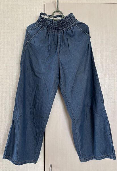 中古 GU ライトデニムイージーワイドパンツ 160 girls ワイドパンツ
