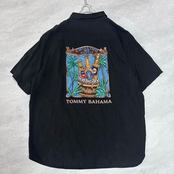 トミーバハマ ジャガード カクテル アロハシャツ 刺繍 XLサイズ ブラック系 TOMMY BAHAMA