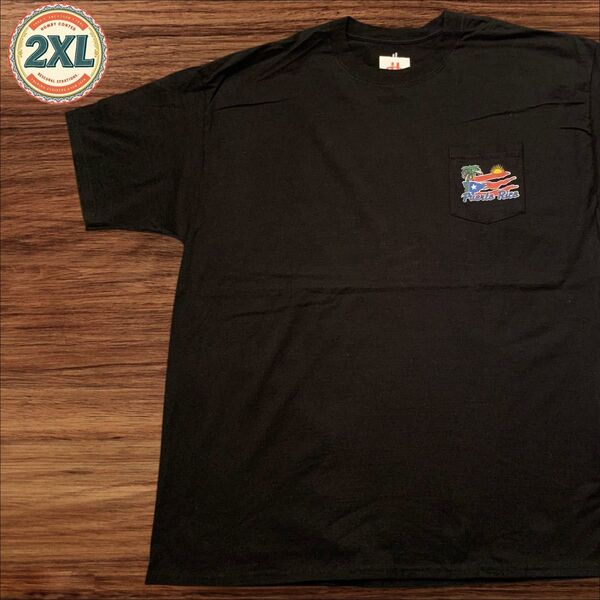【US古着】ブラック 2XL ポケT ヤシの木 胸ポケット Tシャツ 半袖 プリント メンズ レディース