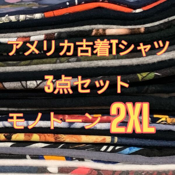 【US古着おまかせ3点セット】モノトーン 2XL size Tシャツ 半袖 まとめ売り セット売り オーバーサイズ 大きいサイズ