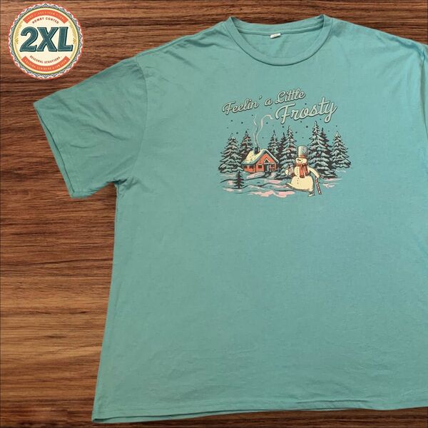 【US古着】エメラルドグリーン 2XL 雪だるま 冬 クリスマス プレゼント Tシャツ 半袖 プリント メンズ レディース
