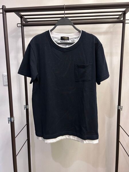 カットソー フェイクレイヤードTシャツ ネイビー 半袖Tシャツ ポケット ポケットTシャツ クルーネック