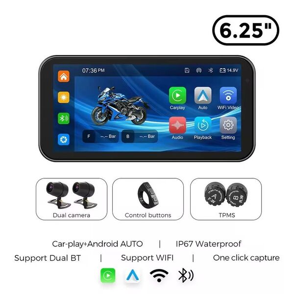 バイク用 6.25インチ スマートモニター ドライブレコーダー 空気圧センサー付 ドラレコ CarPlay AndroidAuto