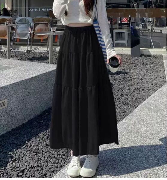 Aラインロングスカート ハイウエスト ドレープ ケーキスカート ソフトスタイル ロング スカート 黒 ブラック