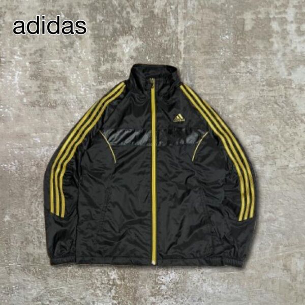 adidasアディダスナイロンジャケットブラックゴールド黒刺繍ロゴ短丈古着M スポーツ ジャージ