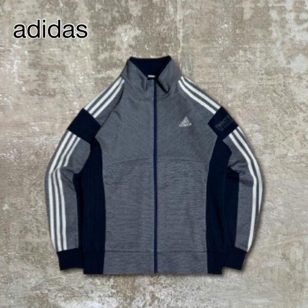 adidasアディダストラックジャケットブルー刺繍ロゴ限定ロゴ短丈古着M スポーツ ジャージ ネイビー
