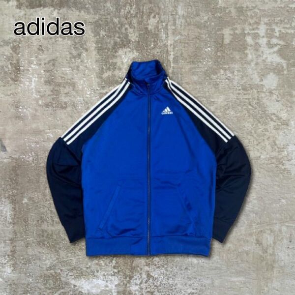 adidasアディダストラックジャケットブルーネイビー青ラグラン短丈古着L ジャージ