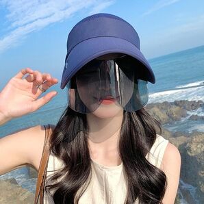 サンバイザー 帽子 レディース ネイビー サングラス あご紐付き つば広 UV