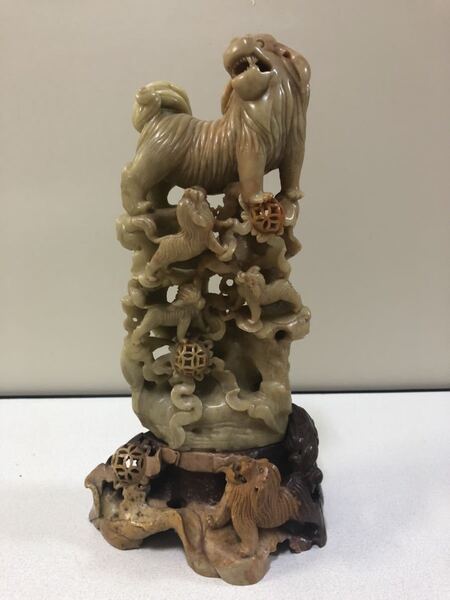 置物 石 寿山石 彫刻 中国古美術 舞 ライオン踊り 古玩