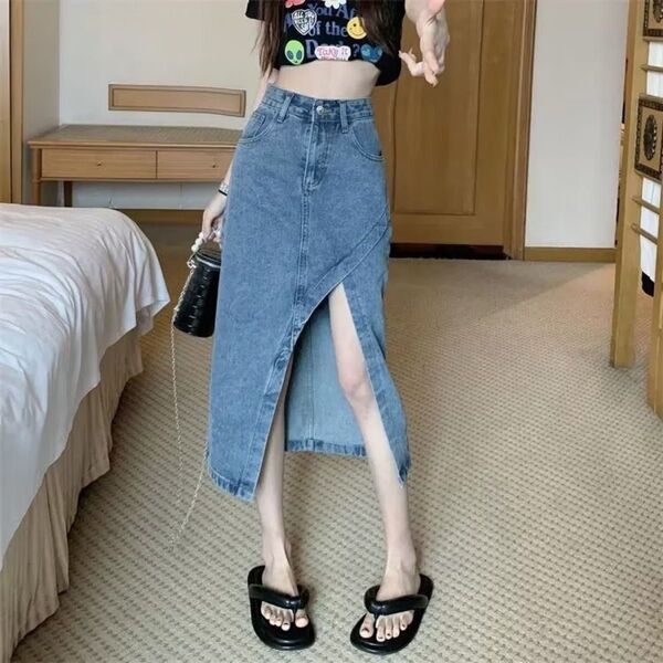 新品 デニムスカート ロングスカート スリット カットオフ アシメ ミモレ丈 韓国 青 おしゃれ 人気 ブルー デニム ジーンズ