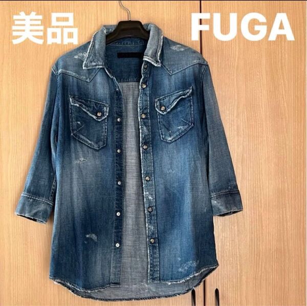 美品 FUGA フーガ USED加工 ダメージ加工 7分袖 デニム ジャケット メンズ カジュアル シャツ