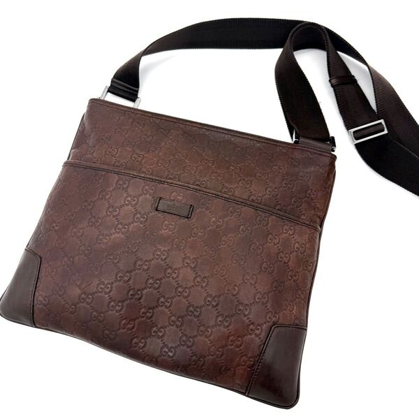 ★美品★GUCCI グッチ シマ GG柄 本革 ショルダーバッグ ブラウン 斜め掛け クロスボディ オールレザー