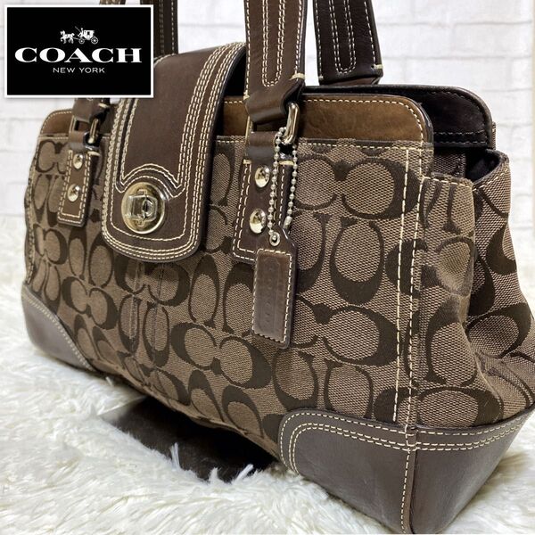 【人気色】COACH キャンバス×レザー トートハンドバック シグネチャー コーチ ターンロック ダークブラウン