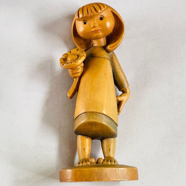 アンリ 木彫人形 Happy Children Wood Girl Flower