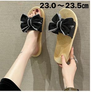 レディース サンダル リボン ローヒール フラット 白 23㎝ フラットサンダル かわいい