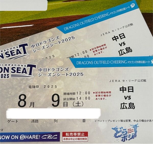 8/9(土)中日ー広島 ドラゴンズ外野応援シート・ライト 2枚