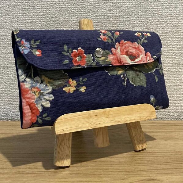 ハンドメイド キャスキッドソン ネイビー 花柄 通帳ケース ポーチ