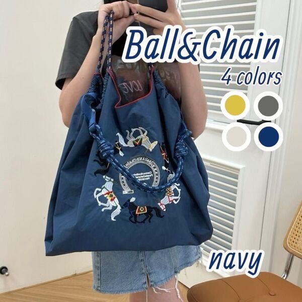 【Lサイズ】 刺繍バッグ エコバッグ 馬柄 韓国 ボールアンドチェーン