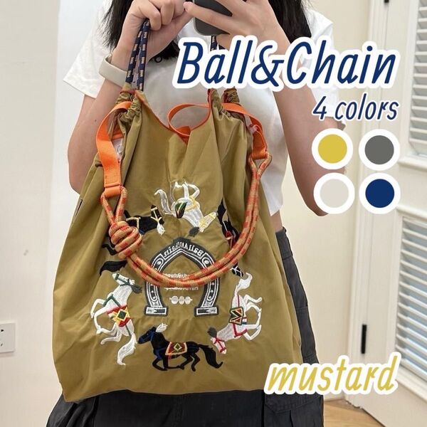 【Lサイズ】 刺繍バッグ エコバッグ 馬柄 韓国 ボールアンドチェーン