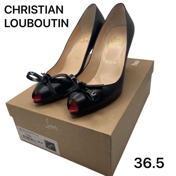 【美品】クリスチャンルブタン PATENT TOE リボン ピンヒール 23.5 オープントゥ ブラック